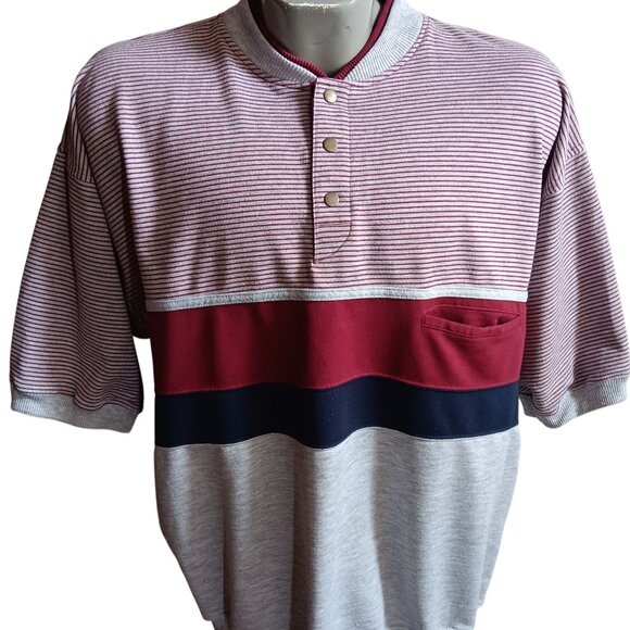 Men's 2XL Vintage Pullover Shirt Towncraft Striped Henley Red/Navy/Grey 1990's - Picture 1 of 6